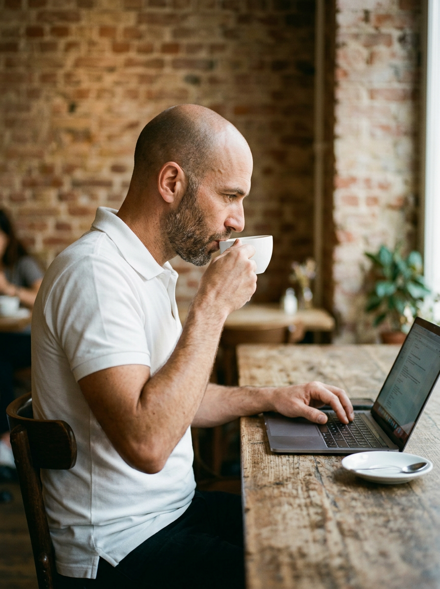 Un homme chauve en polo blanc boit un café devant son ordinateur portable, dans un café aux murs de briques.