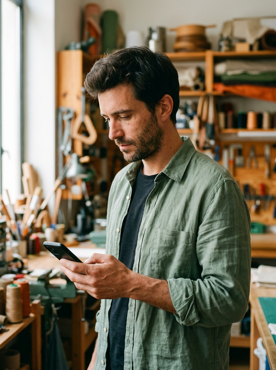 Un homme d’une trentaine d’années regarde son téléphone dans un atelier.
